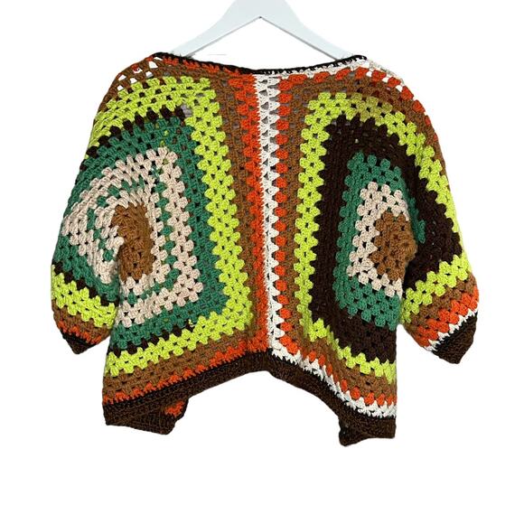 Hand Crochet Hexagon Green Brown 70's Style Crop Cardigan 3/4/ Sleeve Medium - Picture 6 of 9